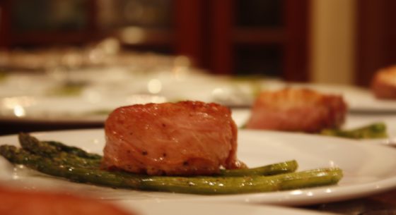 Prosciutto-Wrapped Scallops on a Bed of Roasted Asparagus