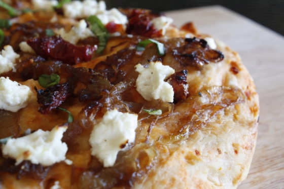 Sun-dried Tomato Focaccia with Balsamic Caramelized Onions and Goat Cheese