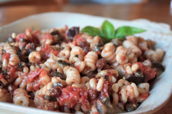 Fusilli with Eggplant, Tomatoes, Capers, Pine Nuts and Raisins