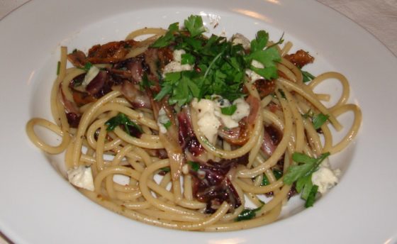 Perciatelli with Prosciutto, Wilted Radicchio, Gorgonzola, and Dried Figs