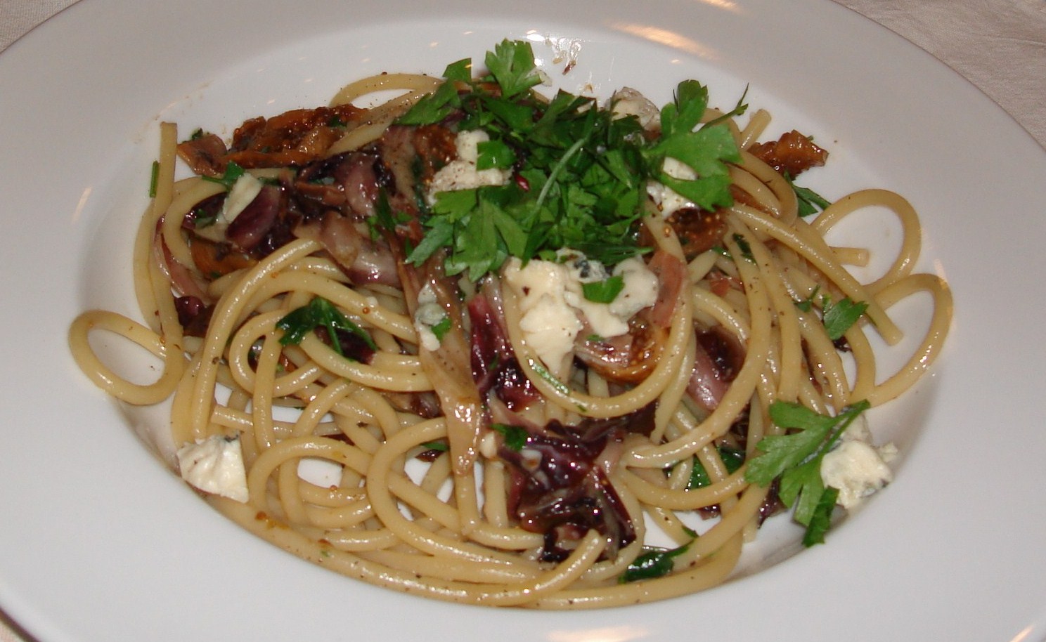 Perciatelli with Prosciutto, Wilted Radicchio, Gorgonzola, and Dried Figs Perciatelli with Prosciutto, Wilted Radicchio, Gorgonzola, and Dried Figs