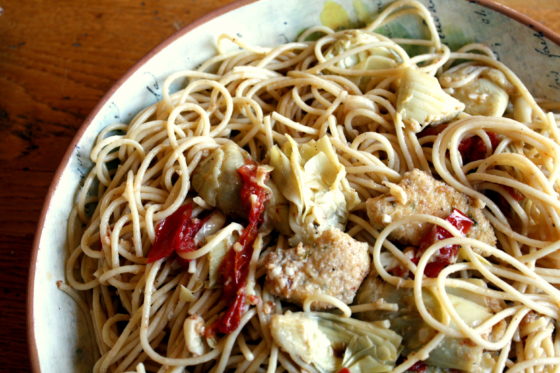 Lemon Spaghetti with Roasted Tomato, Artichoke and Chicken