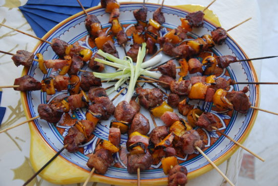 Spiedini d’agnello (Lamb, pancetta, and pepper skewers)