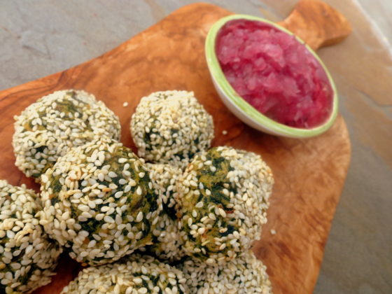 Chard-Sesame Balls and Red Onion Jam (Polpette di Bietola e Marmellata di Cipolla Rossa)