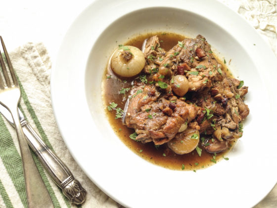 Braise, Baby, Braise!  Vinegar Braised Chicken with Pancetta and Onions