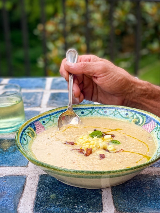 Summer Corn Soup with Crispy Pancetta
